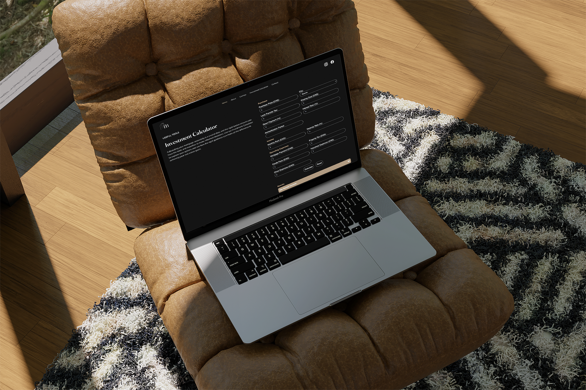 Laptop on a brown plush chair with a black screen displaying a financial calculator app, next to a patterned black and white rug on a wooden floor.