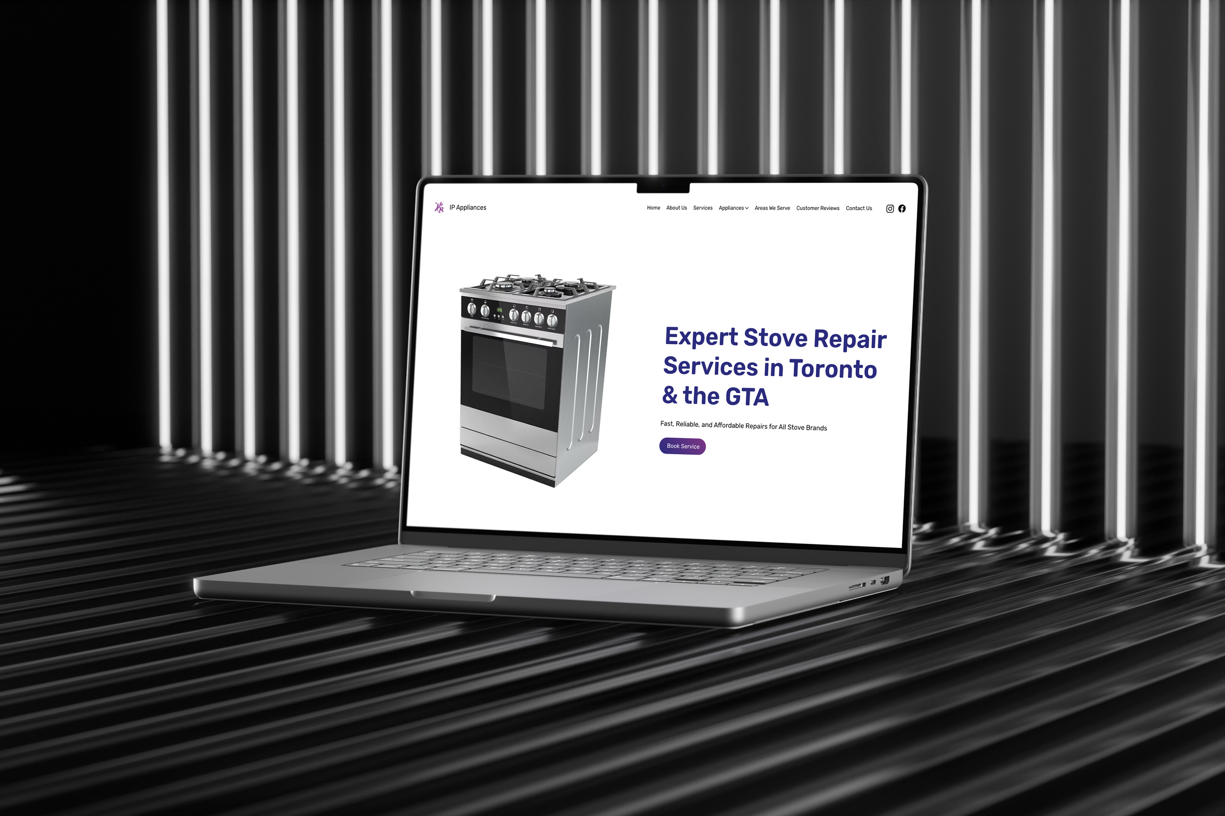 Laptop displaying a website for stove repair services in Toronto, featuring an image of a stove on a dark, metallic background.