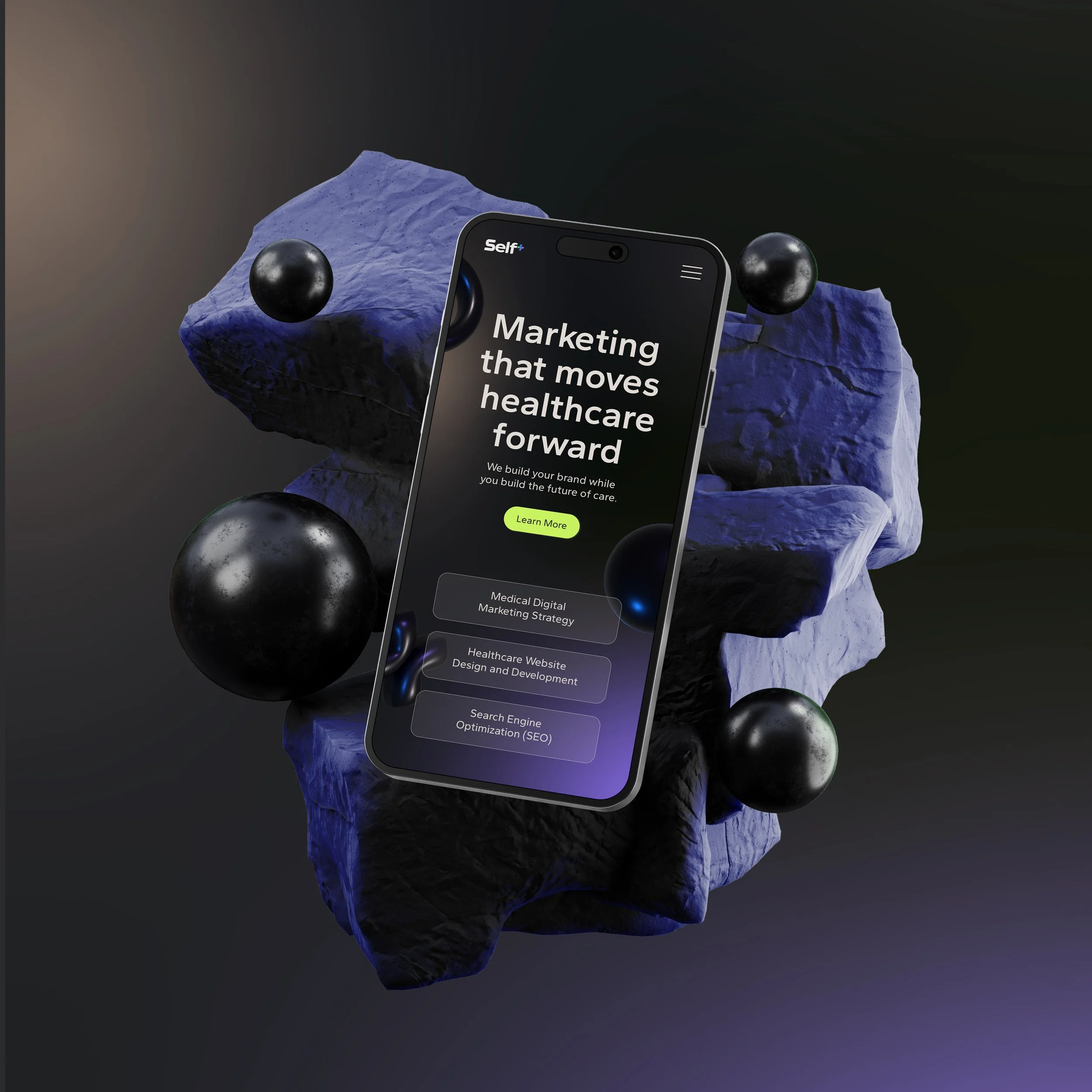 Smartphone displaying healthcare marketing services on a digital, abstract, floating rock with black spheres, against a dark background.