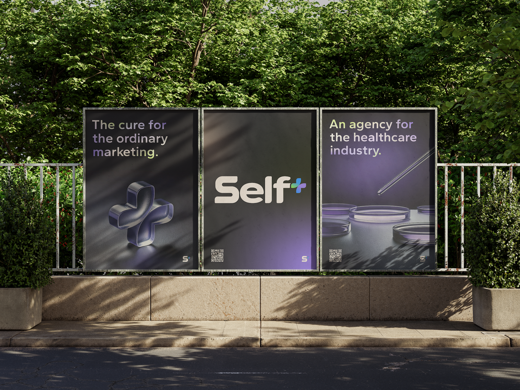 Three advertising posters side by side on a fence. The first poster advertises a solution for generic marketing, featuring a metallic plus-shaped object. The middle poster displays the 'Self+' logo on a dark background. The third poster promotes a healthcare industry agency, showing petri dishes and a pipette. The posters are set outdoors with greenery behind the fence.