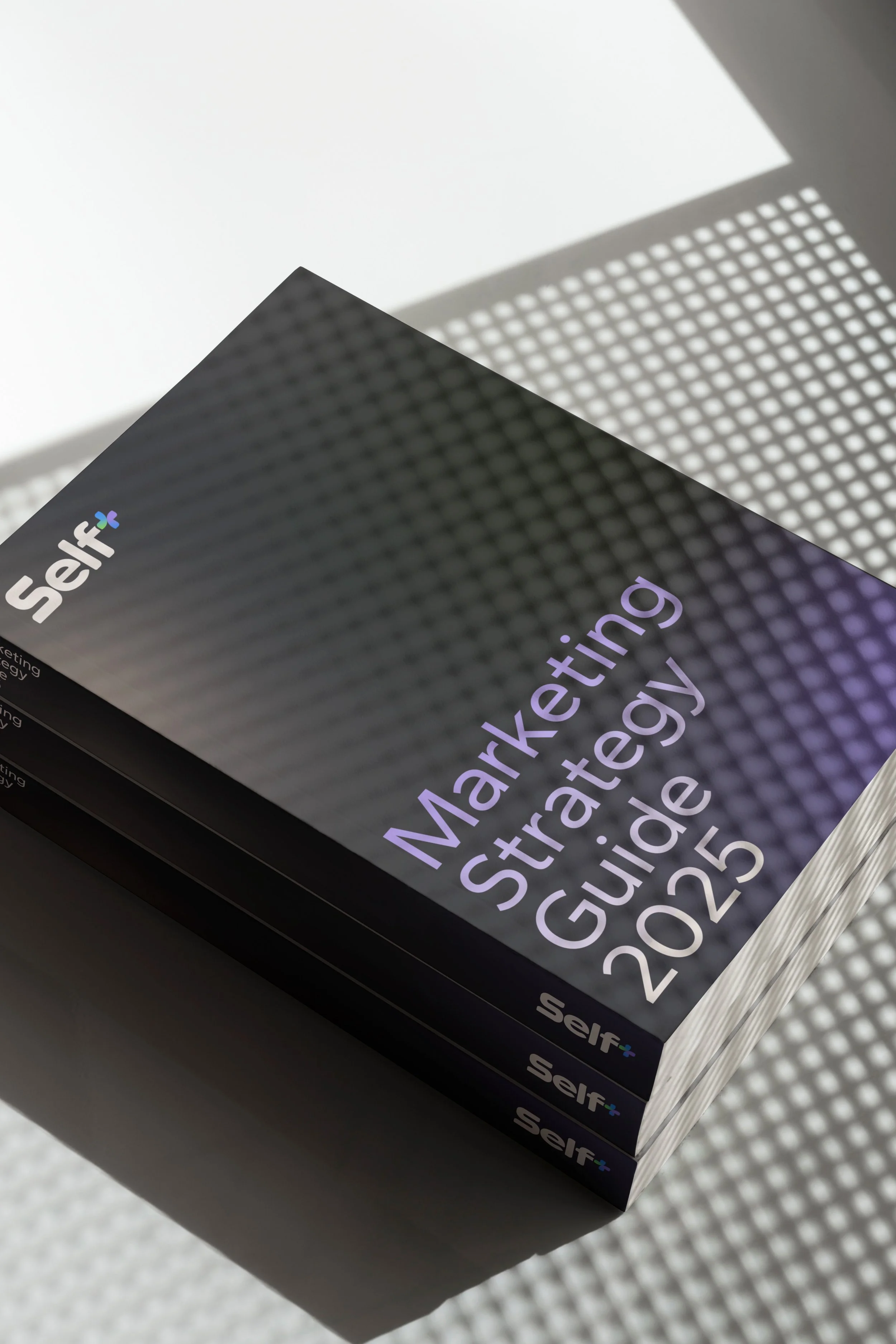 Stack of Self marketing strategy guide books from 2025, with a black cover featuring a textured pattern and purple text, illuminated by natural light.