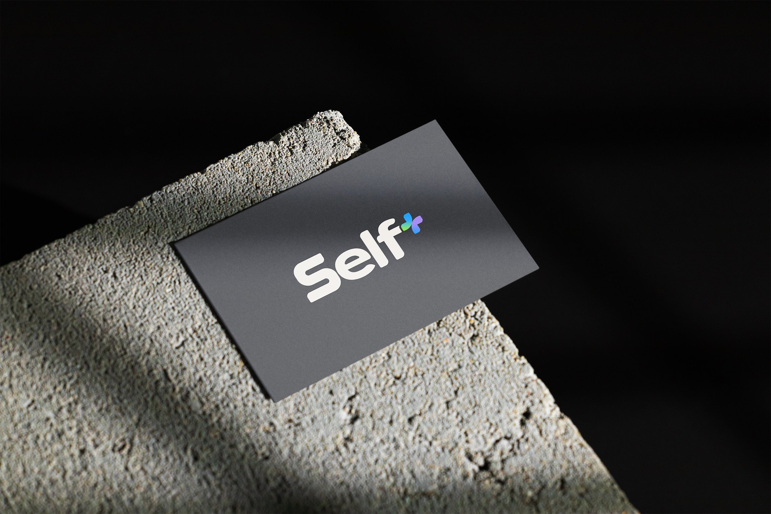 A business card with the word 'Self' and a colorful logo rests on a rough, concrete surface against a dark background.