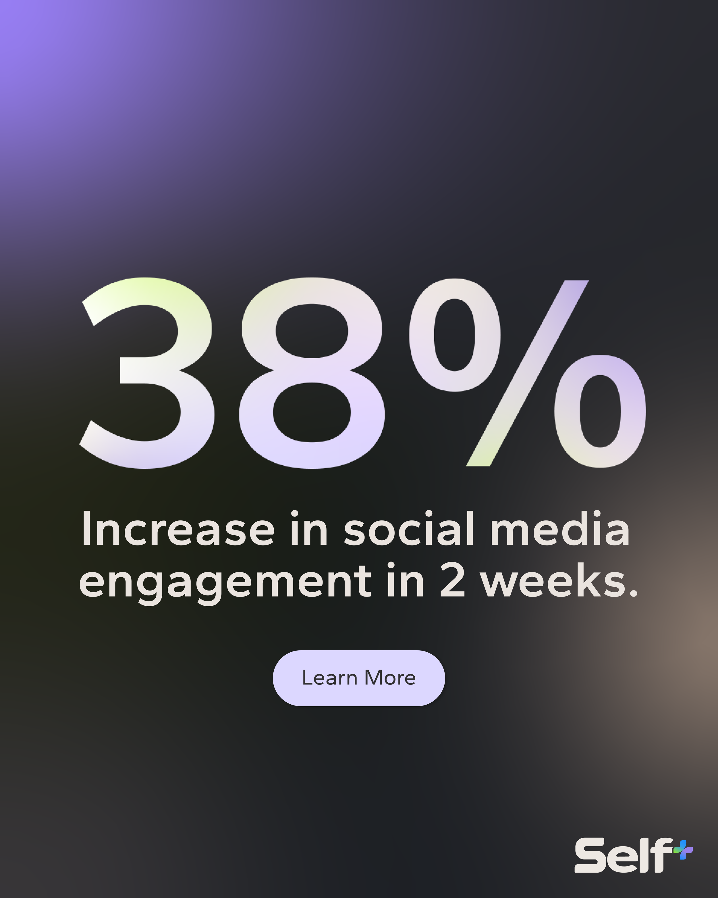 A digital graphic showing a 38% increase in social media engagement in two weeks, with a 'Learn More' button and the Self+ logo at the bottom right.