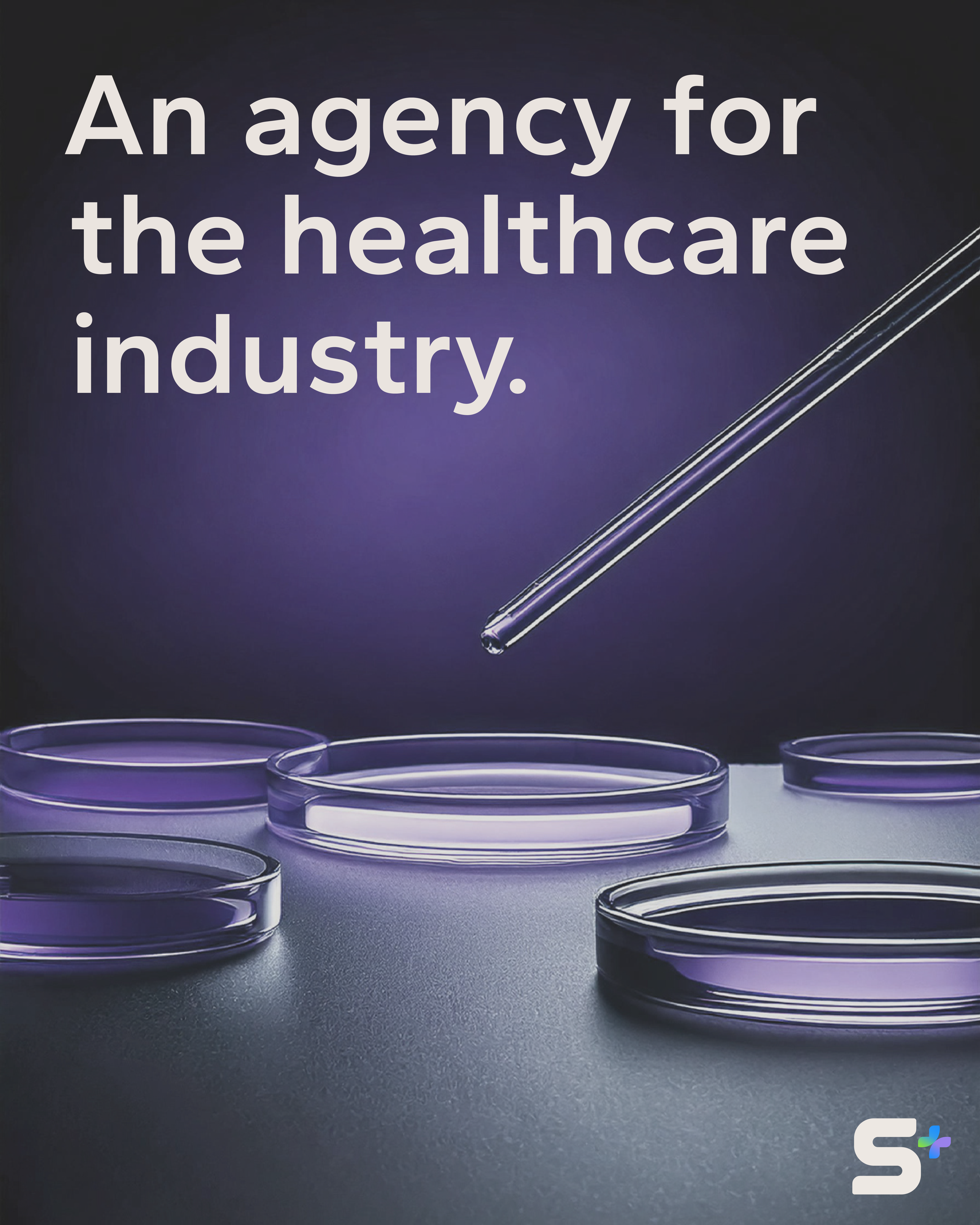 Text that reads: 'An agency for the healthcare industry.' with a background of petri dishes and a pipette in a laboratory setting.