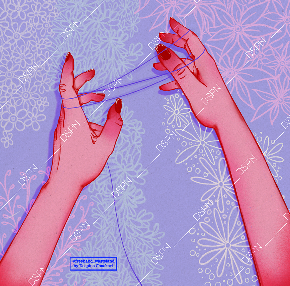 Two illustrated hands with red nail polish threading a needle, set against a purple background with floral patterns.