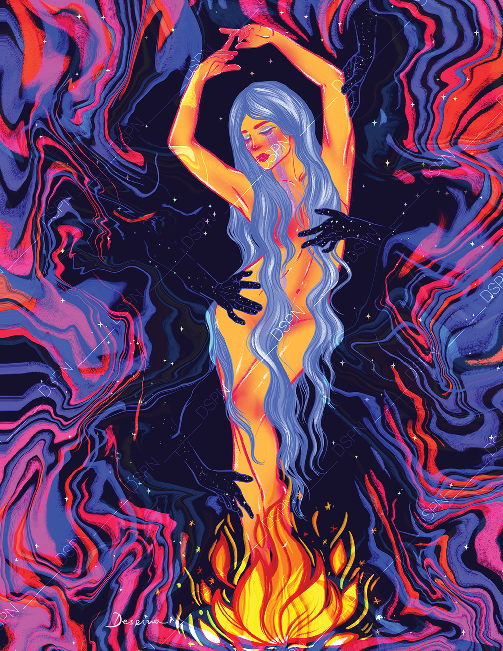 An abstract digital art illustration featuring a woman with long blue hair, surrounded by swirling colorful patterns. She appears to be emerging from flames at the bottom, with dark hands reaching towards her from the sides, set against a starry dark
