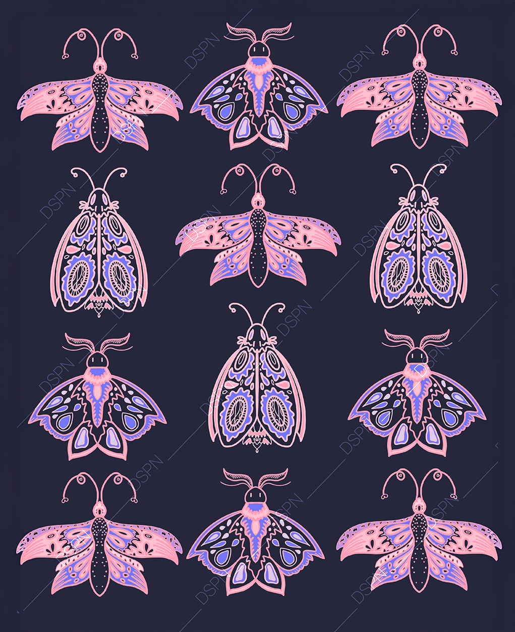 Pattern of pink and purple stylized butterflies and moths on a dark background.