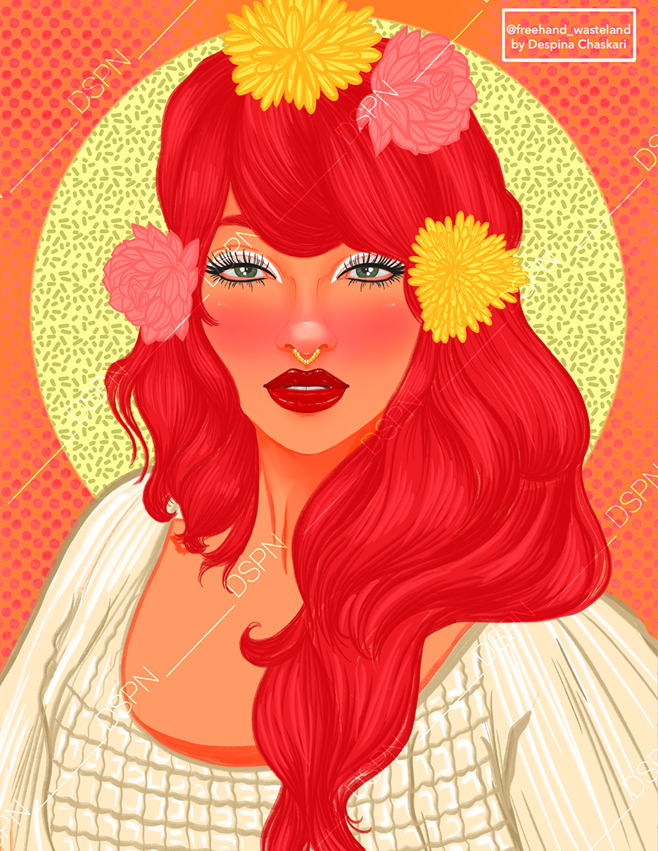 Digital illustration of a woman with long red hair adorned with yellow and pink flowers, wearing dark red lipstick and a cream-colored patterned top with a textured fabric. She has a septum piercing and a confident expression with piercing green eyes