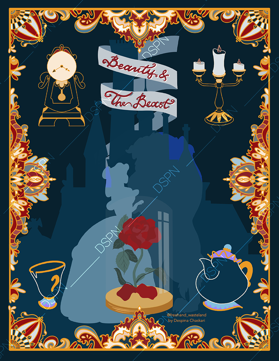 A dark themed illustration with a ornate golden border, featuring a silhouette of a castle, a red rose with smoke, a teacup, a clock, a candelabra, and a banner that reads 'Beauty & The Beast' in the center.