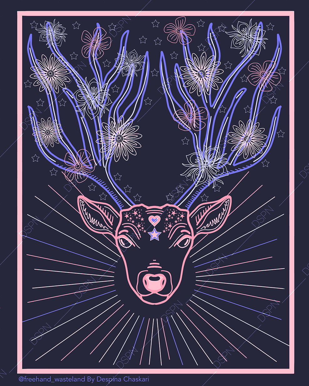 Neon-style illustration of a deer's head with antlers that resemble flowers and stars, set against a dark background with radiating lines and small stars, framed with a pink border.