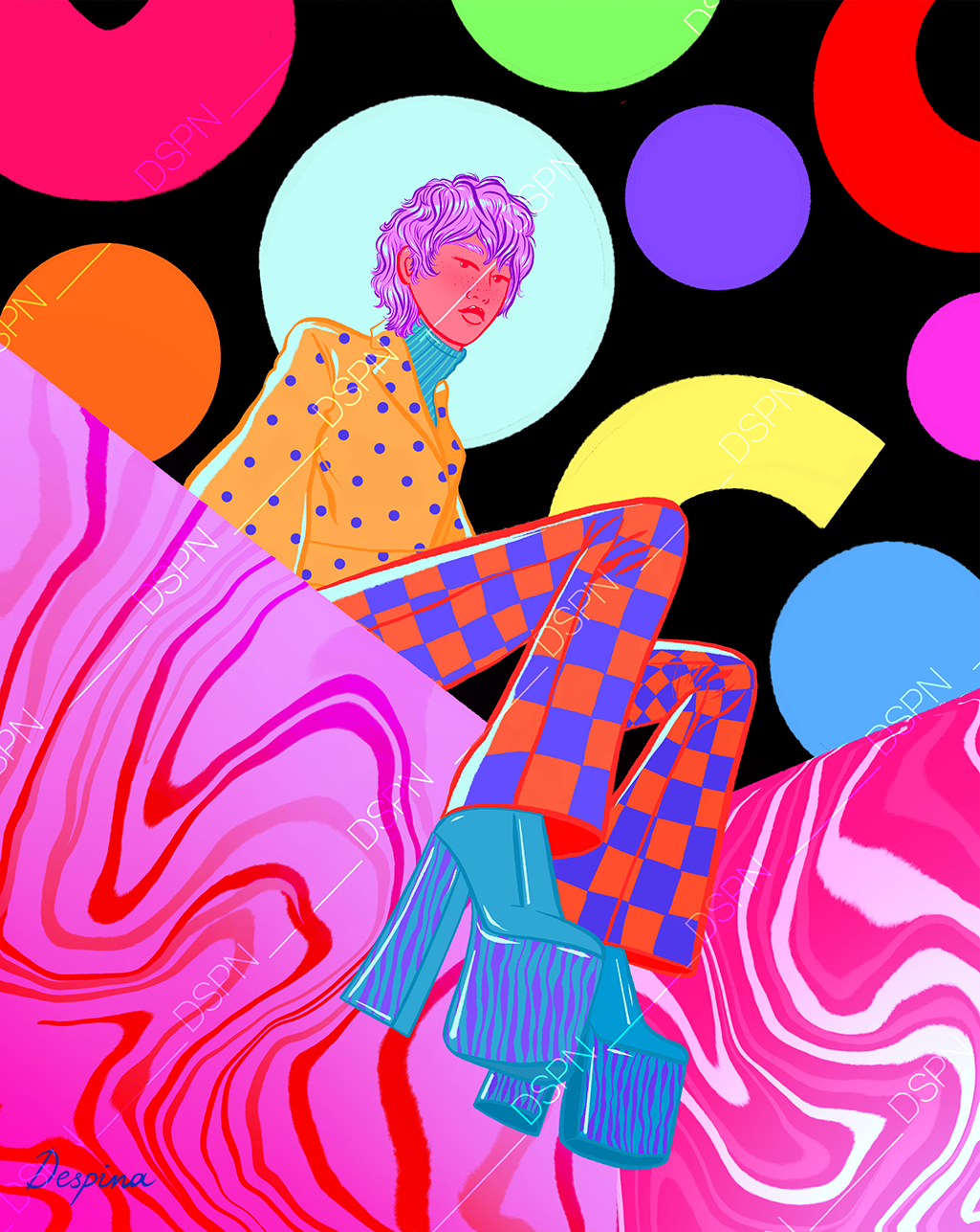 A digital illustration of a person with short, wavy purple hair, wearing a yellow polka dot jacket and patterned pants with red and blue checks. She is sitting against a surreal background of colorful floating circles and swirling pastel patterns.
