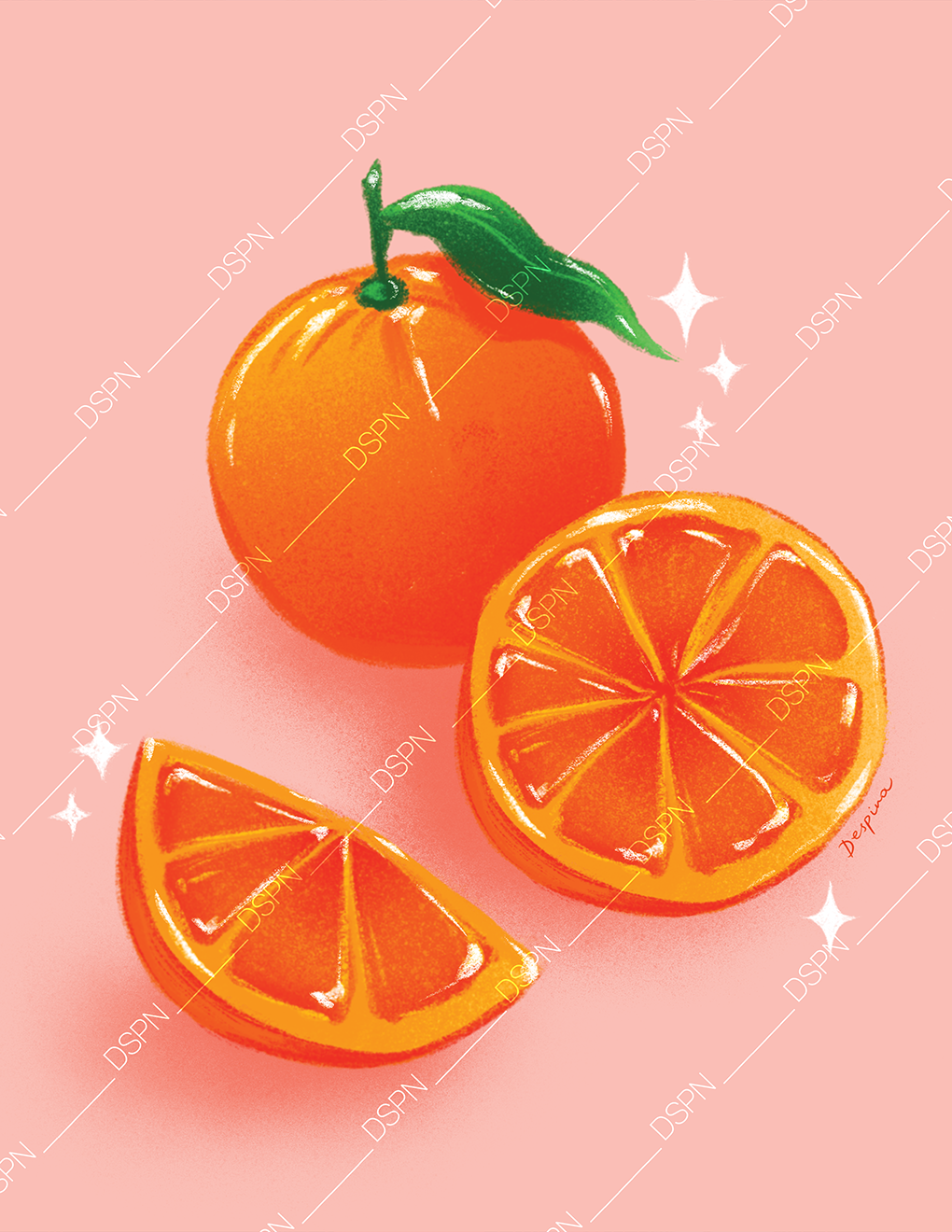 Digital illustration of a whole orange with a green leaf, two orange slices, and a pink background with sparkles.