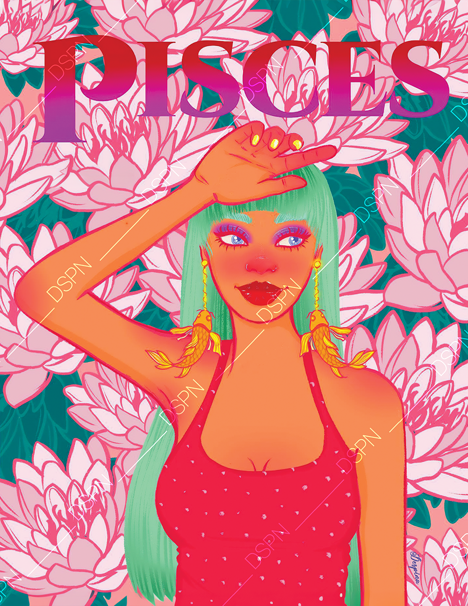 An illustrated woman with green hair and blue eyes, wearing a red dress with small white dots, large goldfish earrings, and bold makeup, standing against a background of pink and white flowers. The word "DISCES" is written in large purple and pink gr