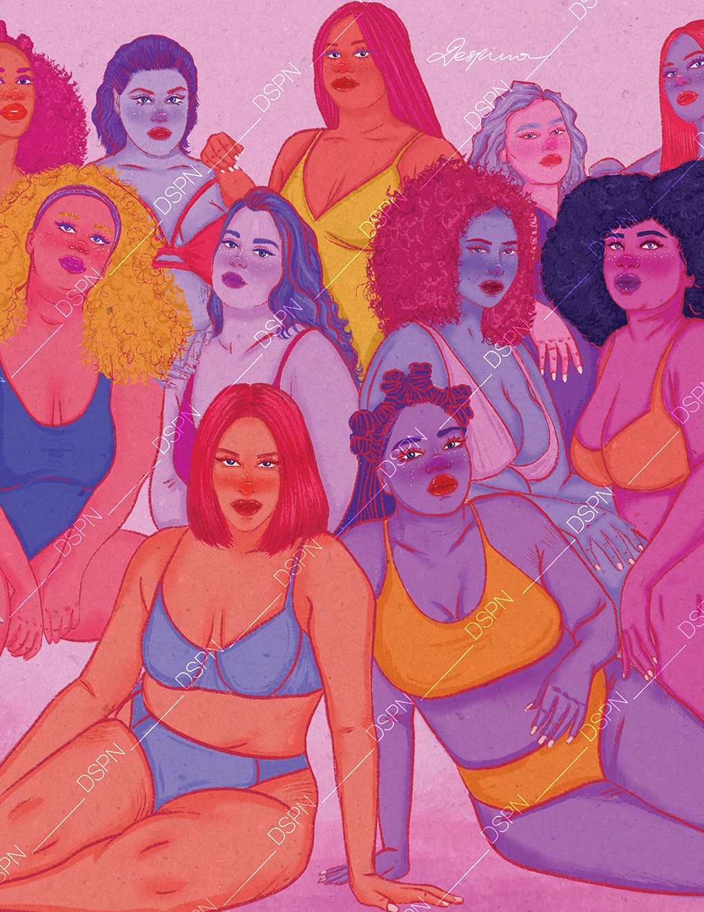 Illustration of diverse women with different hair styles and skin tones, posing together against a pink background, wearing various colorful outfits.