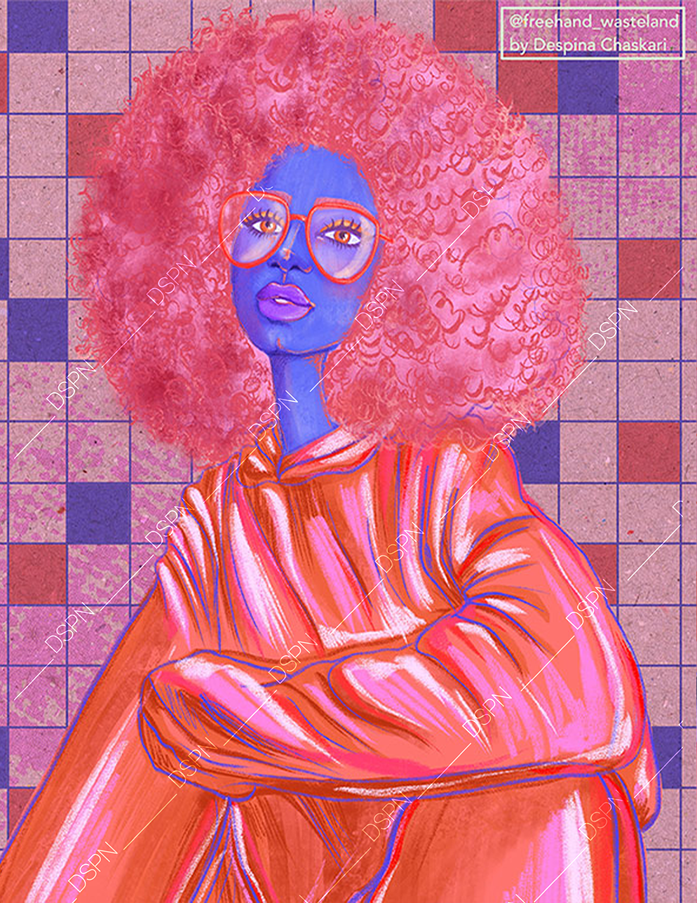 Digital illustration of a woman with bright pink, curly hair, blue skin, and purple lips. She is wearing large red glasses and an orange hoodie. The background features a pink and purple checkered pattern. The artwork is signed by Despina Chaskari.