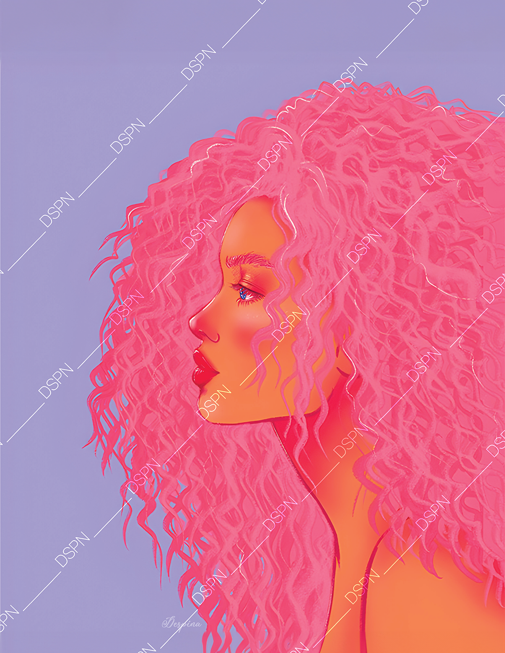 Digital illustration of a woman with voluminous, curly pink hair in profile view, against a solid purple background.
