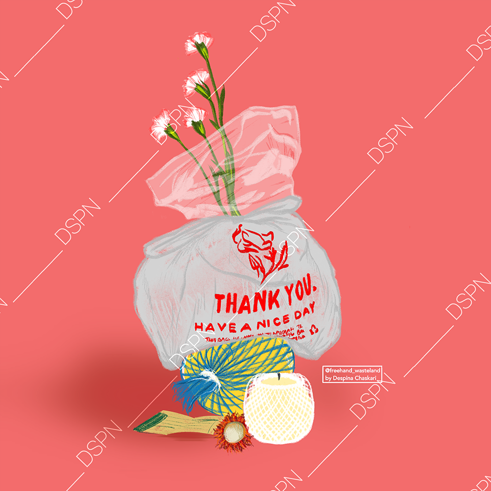 Colorful digital illustration of a gift bag with pink flowers inside, a yellow and blue ribbon, a white candle, and a small round fruit with red spiky exterior on a coral background.