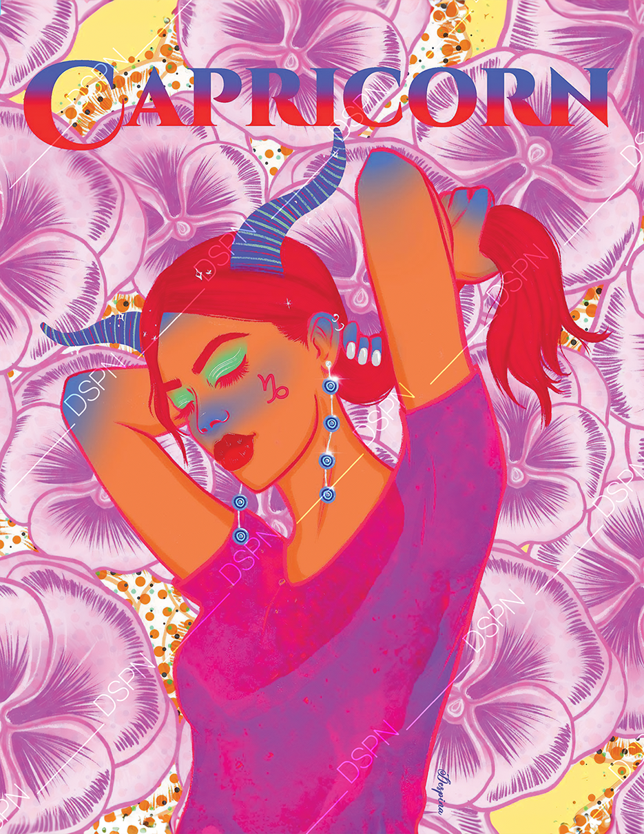 Illustration of a woman with pink hair, red horns, and colorful makeup, posing with her eyes closed and hands behind her head, against a background of pink and purple flowers with orange and black accents. The word 'CAPRICORN' appears at the top in b