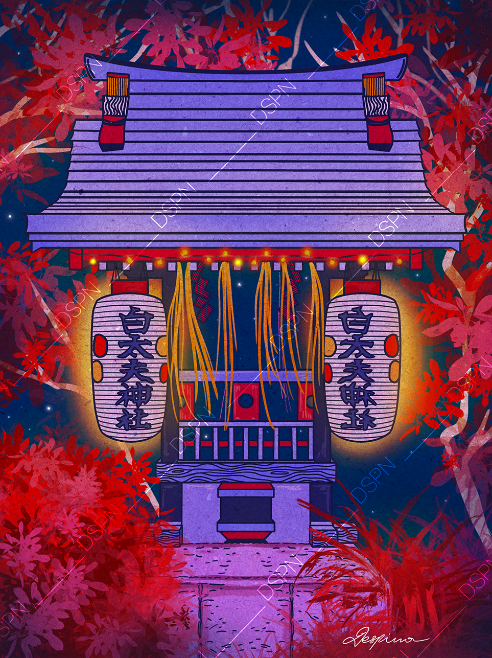 A digitally illustrated Japanese shrine gate decorated with lanterns, curtains, and string lights, surrounded by red foliage and a dark night sky.