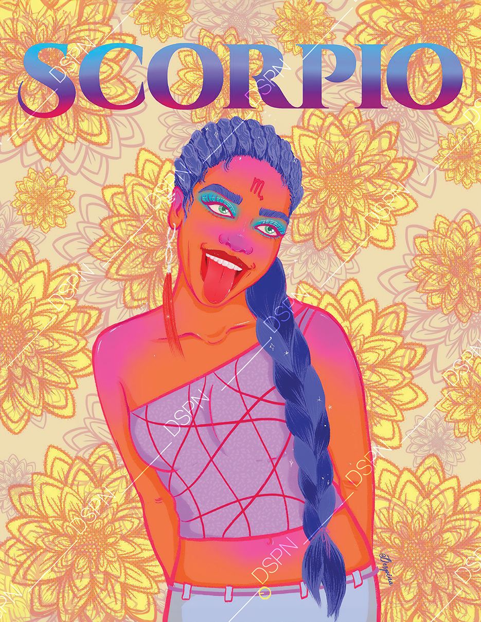 Bright, colorful illustration of a woman with blue hair in a long braid, her tongue out, wearing a sheer top with red lines, signed by artist at bottom right, with a yellow floral background and the word 'Scorpio' at the top.