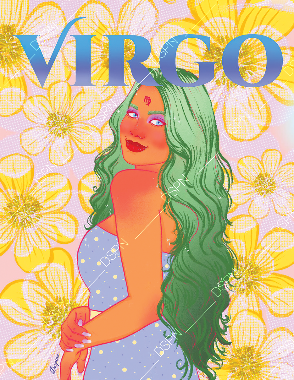 Illustration of a woman with long green hair, blue eyes, red lipstick, and a light blue dress with white polka dots, standing in front of a background of yellow flowers on a pink backdrop. The word 'VIRGO' is prominently displayed at the top, with th