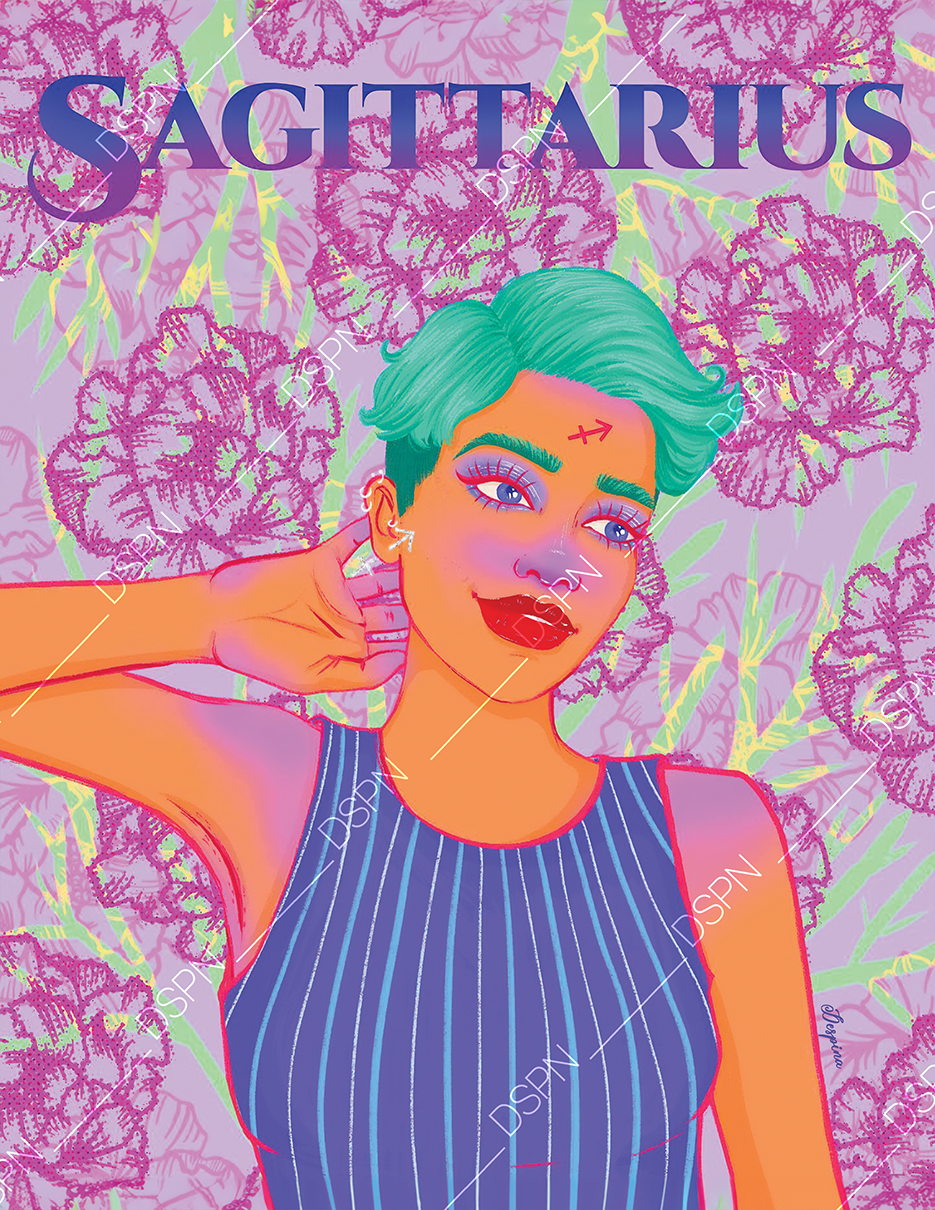 Digital illustration of a woman with teal hair and bold makeup, posing in front of a background of pink and purple flowers and green leaves, with the word 'SAGITTARIUS' at the top.