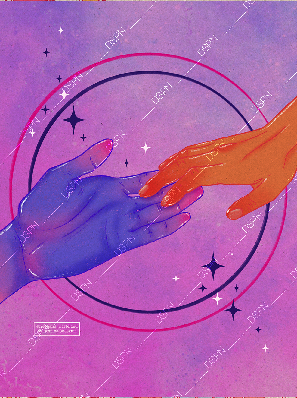 Illustration of two hands, one blue and one orange, reaching toward each other with their pinky fingers touching, surrounded by circles, stars, and a purple textured background.