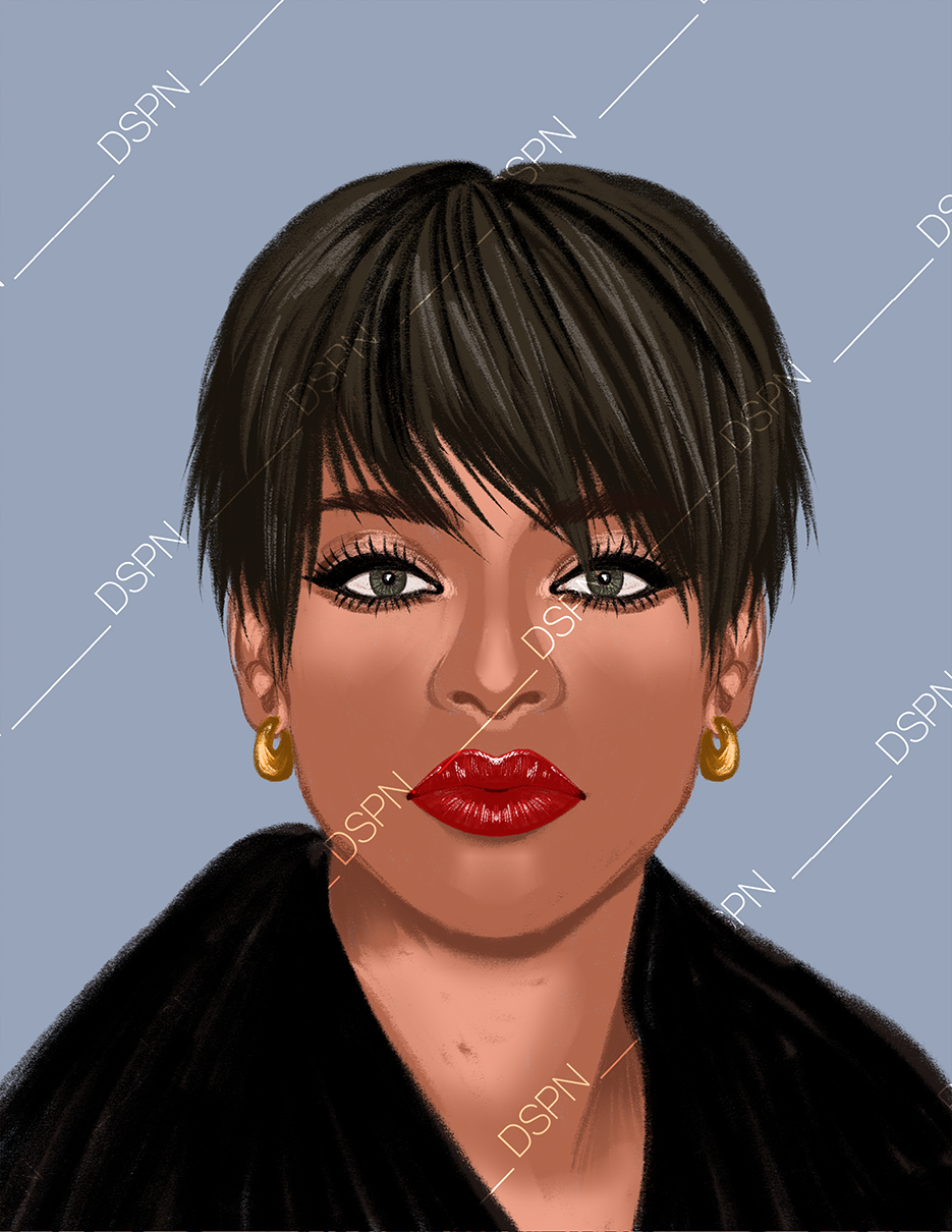 Digital illustration of a woman with short dark hair, wearing gold hoop earrings and bold red lipstick, against a muted blue background.