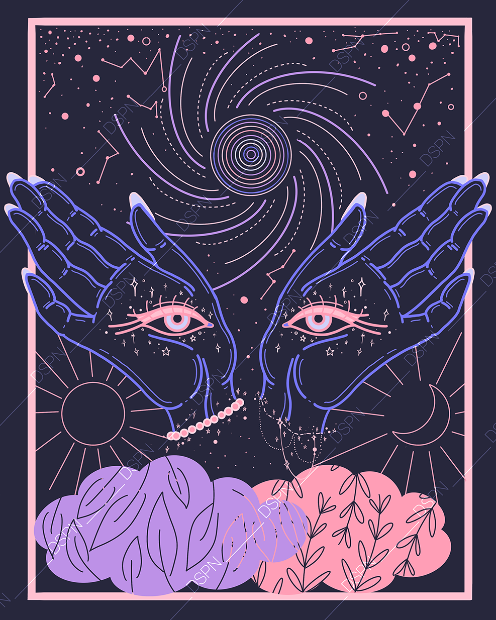 A cosmic illustration featuring two human hands with eyes on the palms, surrounded by stars, celestial symbols, and cosmic patterns in pastel colors of pink, purple, and blue.
