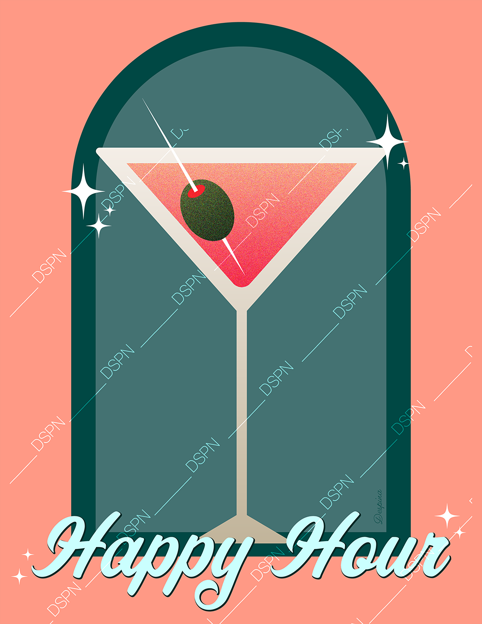 A digital illustration of a martini glass with a green olive in it, garnished with a toothpick. The background is pink, with white sparkles and the words "Happy Hour" written at the bottom in light blue cursive style.