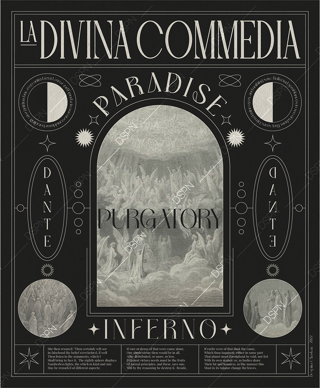 A black and white theatrical poster titled "La Divina Commedia" with sections labeled "Paradise," "Purgatory," and "Inferno." The design features various celestial and spiritual symbols, with artistic illustrations and Latin-inspired text.