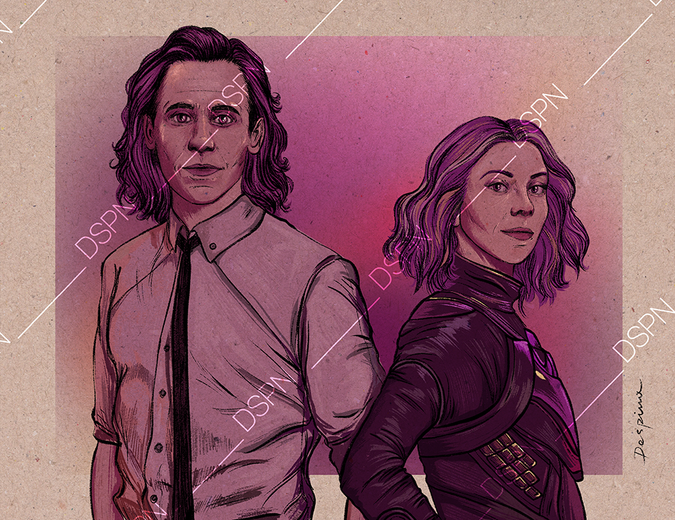Digital illustration of the protagonists of the TV show Loki, with shoulder-length wavy hair, facing away from each other, in front of a pinkish background.