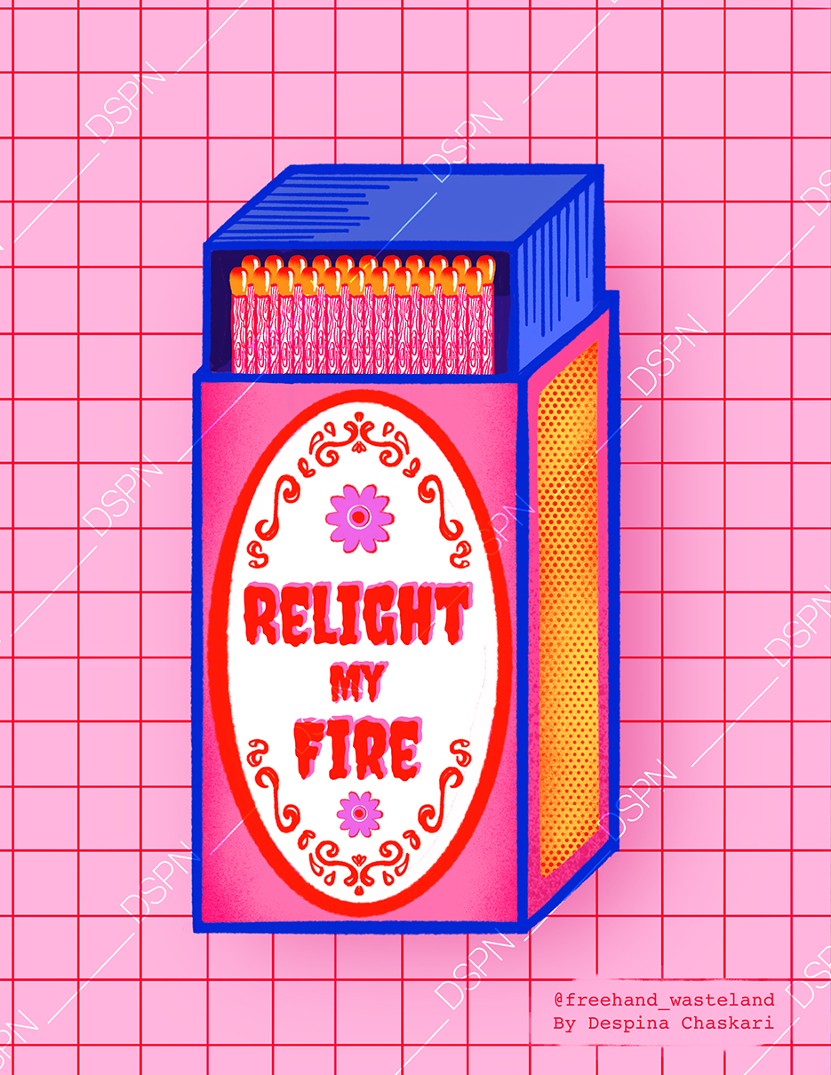 Colorful illustration of a matchbox with the phrase "Relight My Fire" on the front, set against a pink grid background, with matches visible at the top.