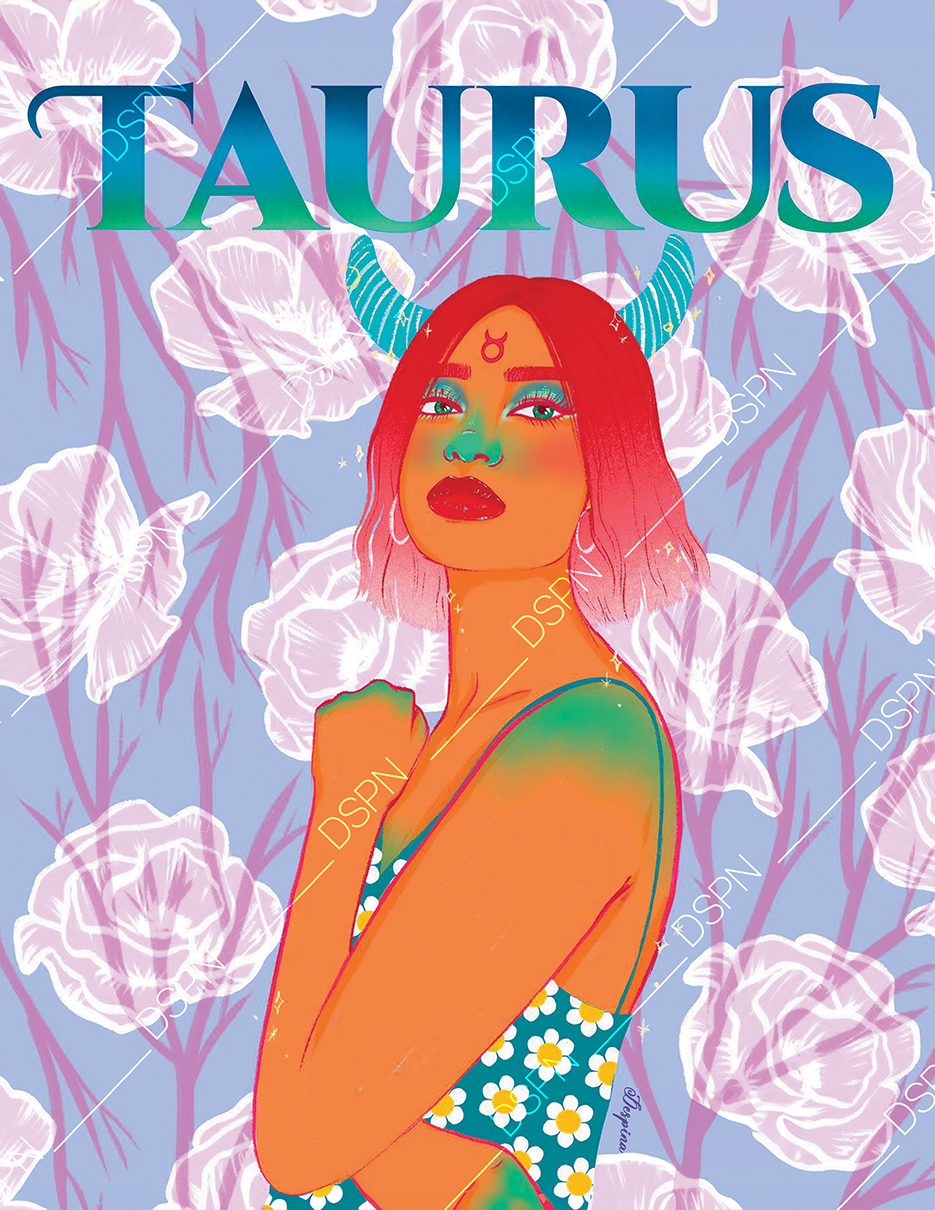 Digital illustration of a woman with red hair, blue horns, and a small red symbol on her forehead, with the word "TAURUS" written above her. She is wearing a floral dress with daisies, and the background features pink and white flowers on a light pur