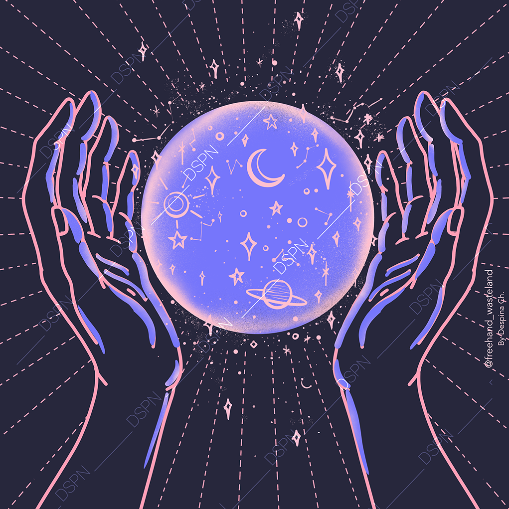Two outlined hands with pink and purple strokes reaching towards a glowing, mystical moon with stars, planets, and cosmic symbols inside, set against a dark background with radiating pink dotted lines.