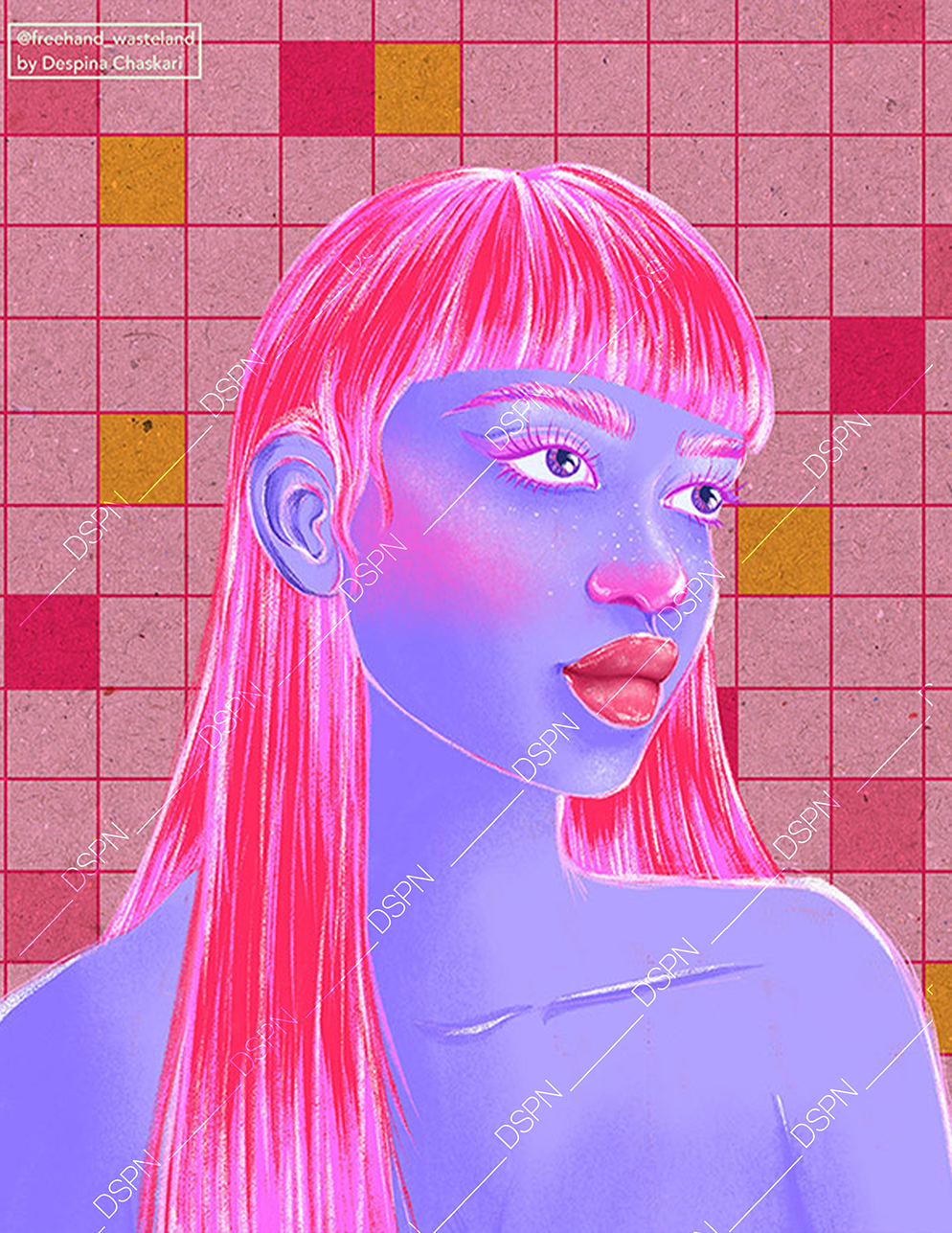 Digital artwork of a woman with blue skin and long pink hair against a pink and purple tiled background.