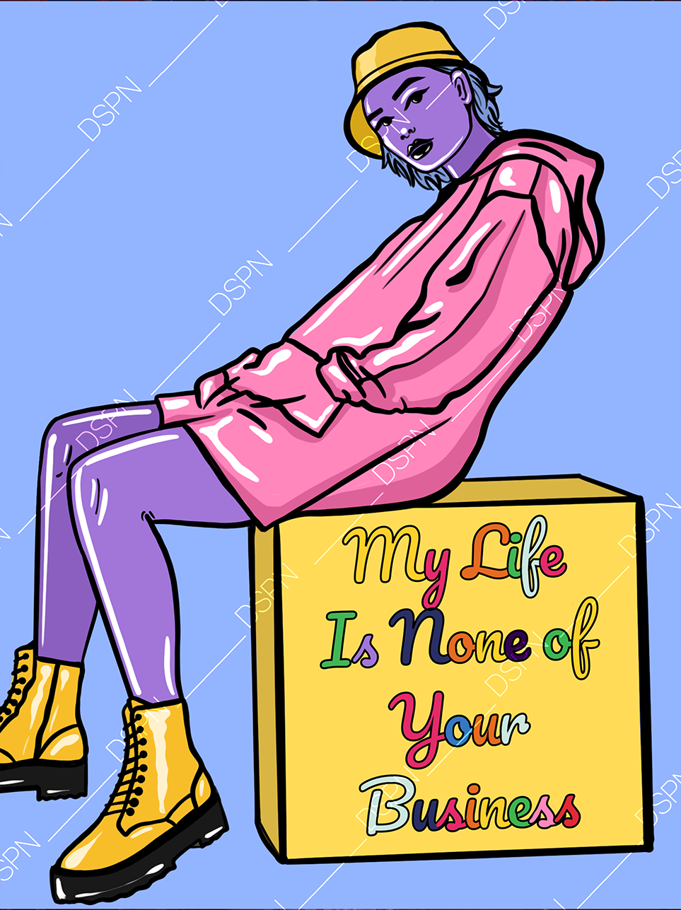 A colorful cartoon-style illustration of a woman sitting on a yellow box that says 'My Life Is None of Your Business'. She has purple skin, wears a pink hoodie, purple pants, yellow boots, and a yellow hat, with a blue background.