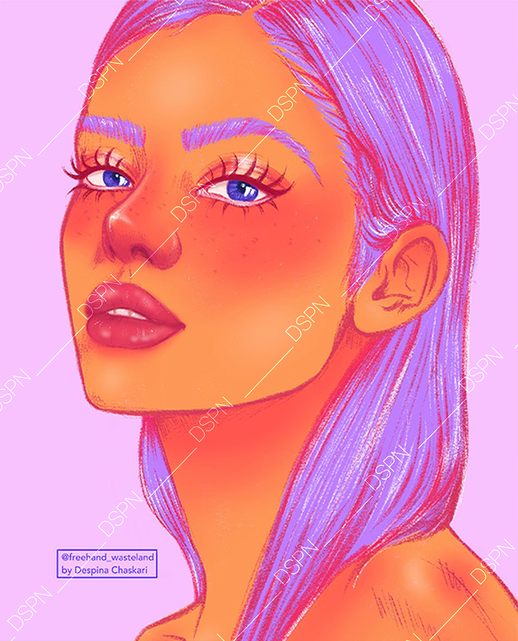 Digital illustration of a woman with blue hair, purple eyebrows, and pink lips, with a purple background.