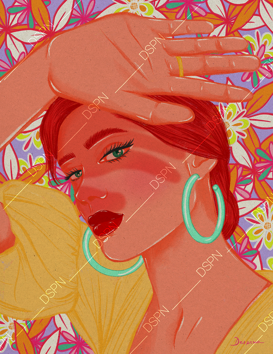 Digital illustration of a woman with red hair and green eyes, wearing large green hoop earrings and a yellow top, with her hand resting on her forehead, set against a floral background with colorful flowers and leaves.