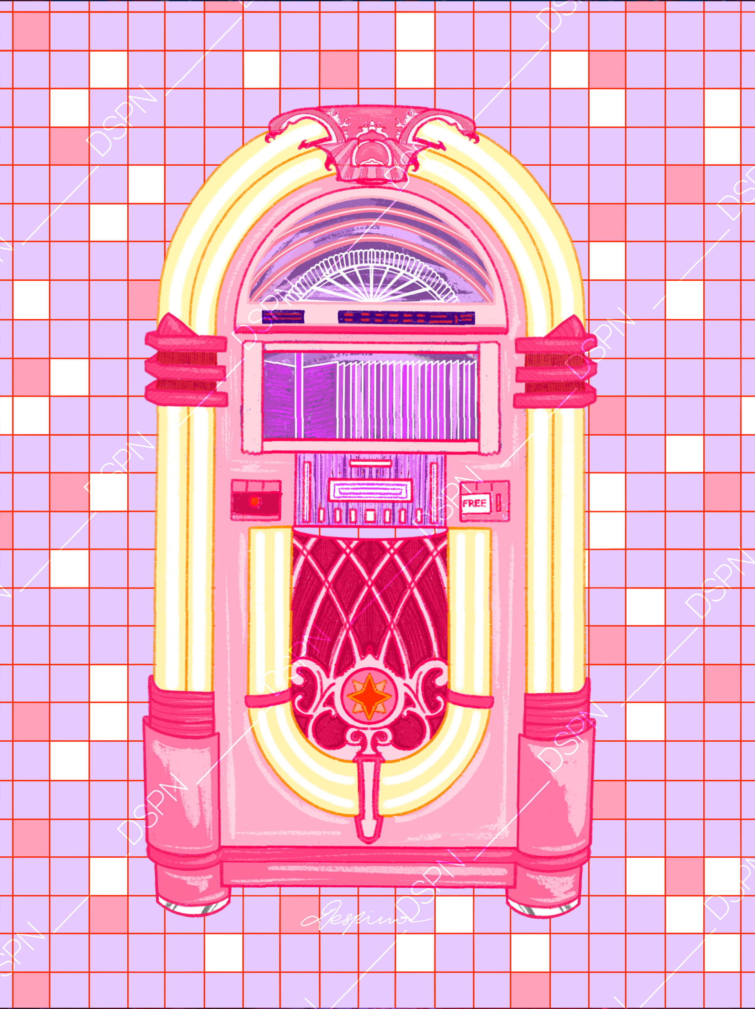 Digital illustration of a vintage jukebox with pink and yellow neon lights, set against a purple checkered background.