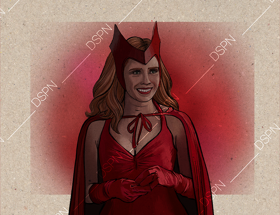 Illustration of the Scarlet Witch from Marvel with a red costume, cape, gloves, and headpiece, smiling against a red background.
