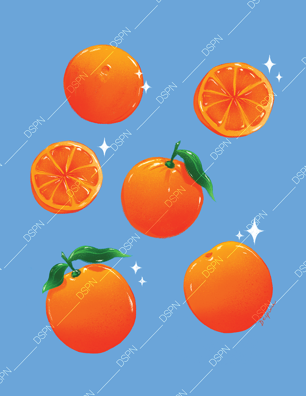 Illustration of six oranges, some whole and some sliced, on a blue background with sparkling highlights.