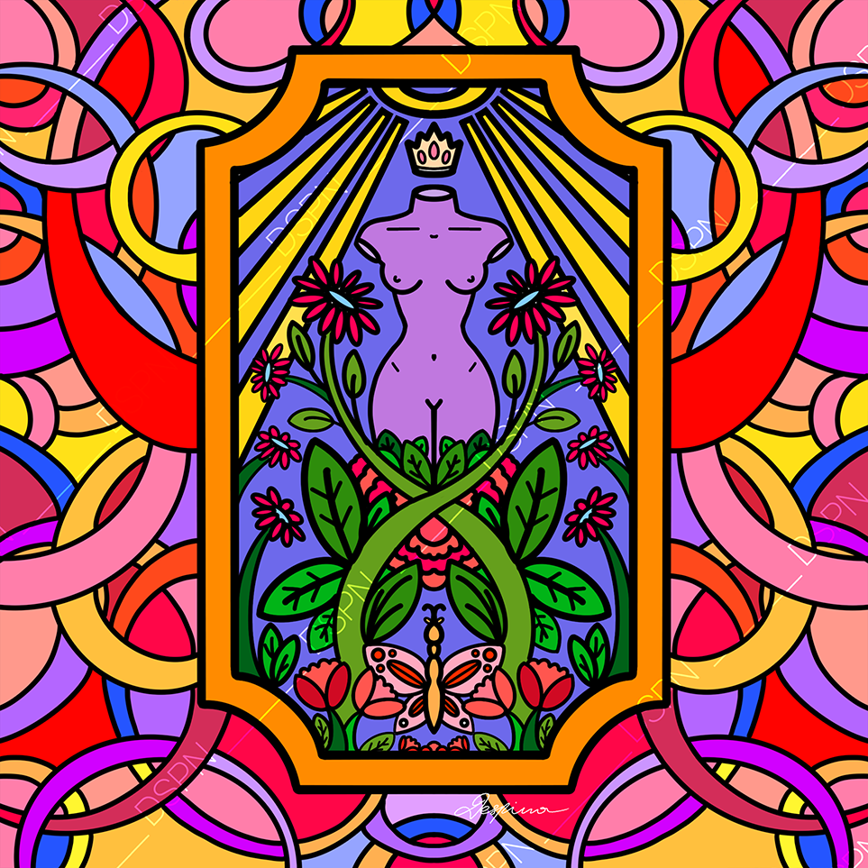 Colorful stained glass-style illustration featuring a faceless female torso with flowers, green leaves, a butterfly, a crown beneath rays of light, and a vibrant, intricate background of interlocking circles in pink, red, purple, yellow, and blue.