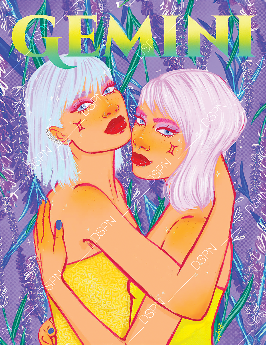 Illustration of two women with platinum blonde hair, yellow outfits, and bold makeup, embracing against a purple botanical background with the word 'GEMINI' at the top.
