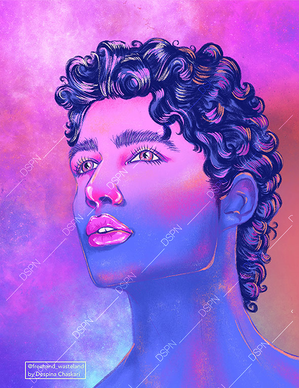 Digital artwork of a young woman with curly hair, looking upward with a pink, purple, and orange gradient background.
