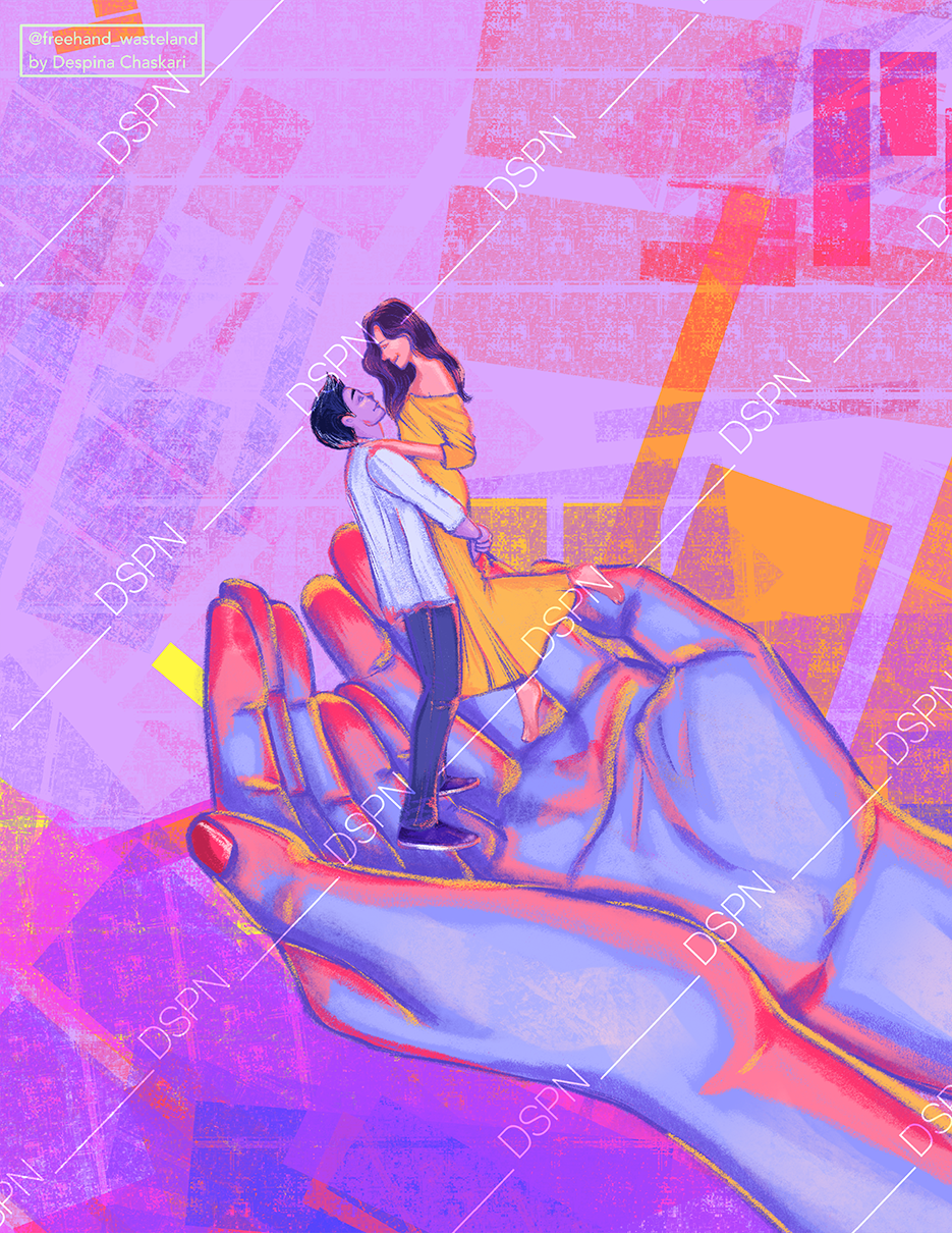 Digital artwork of a large hand holding a tiny couple, a man and woman, embracing and standing on the palm, with a colorful abstract background.