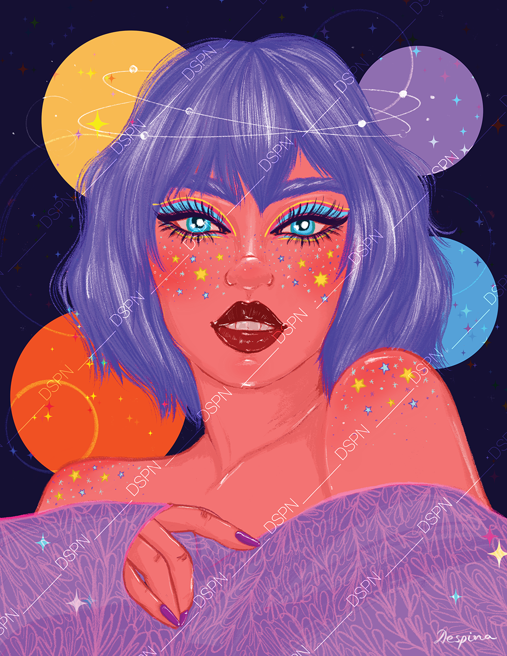 A digital illustration of a woman with blue hair, vibrant makeup, and glittery freckles. She has bright blue eyes, dark lipstick, and is surrounded by colorful stars and celestial elements against a dark starry background.