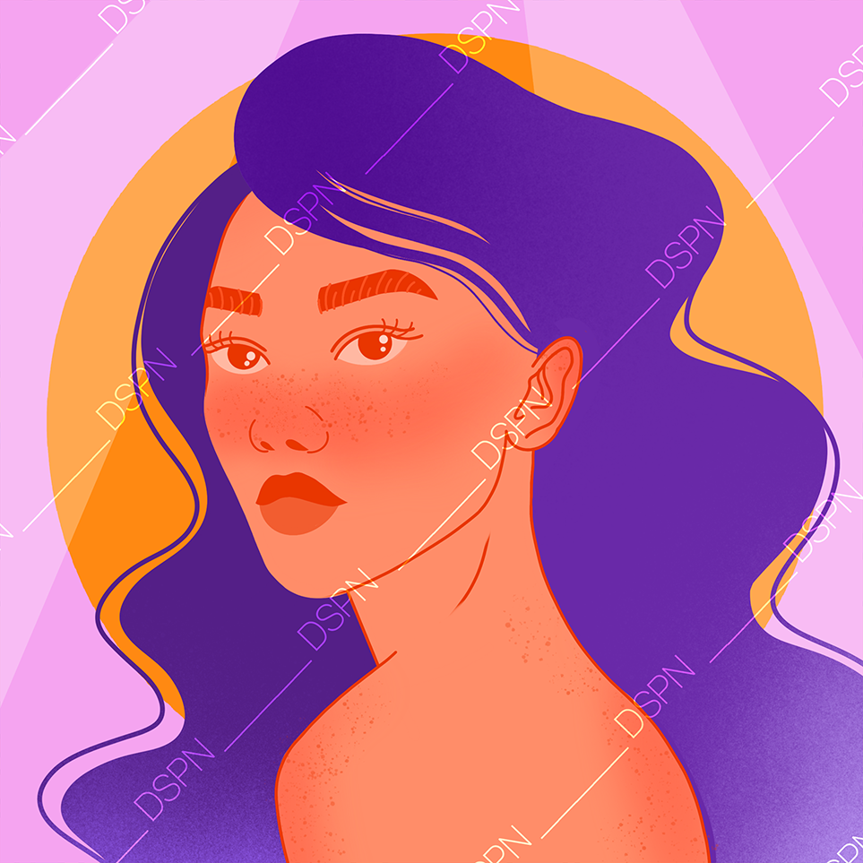 Digital illustration of a woman with long, wavy purple hair, freckles, brown eyebrows, and makeup, set against a pastel background with a circular design.