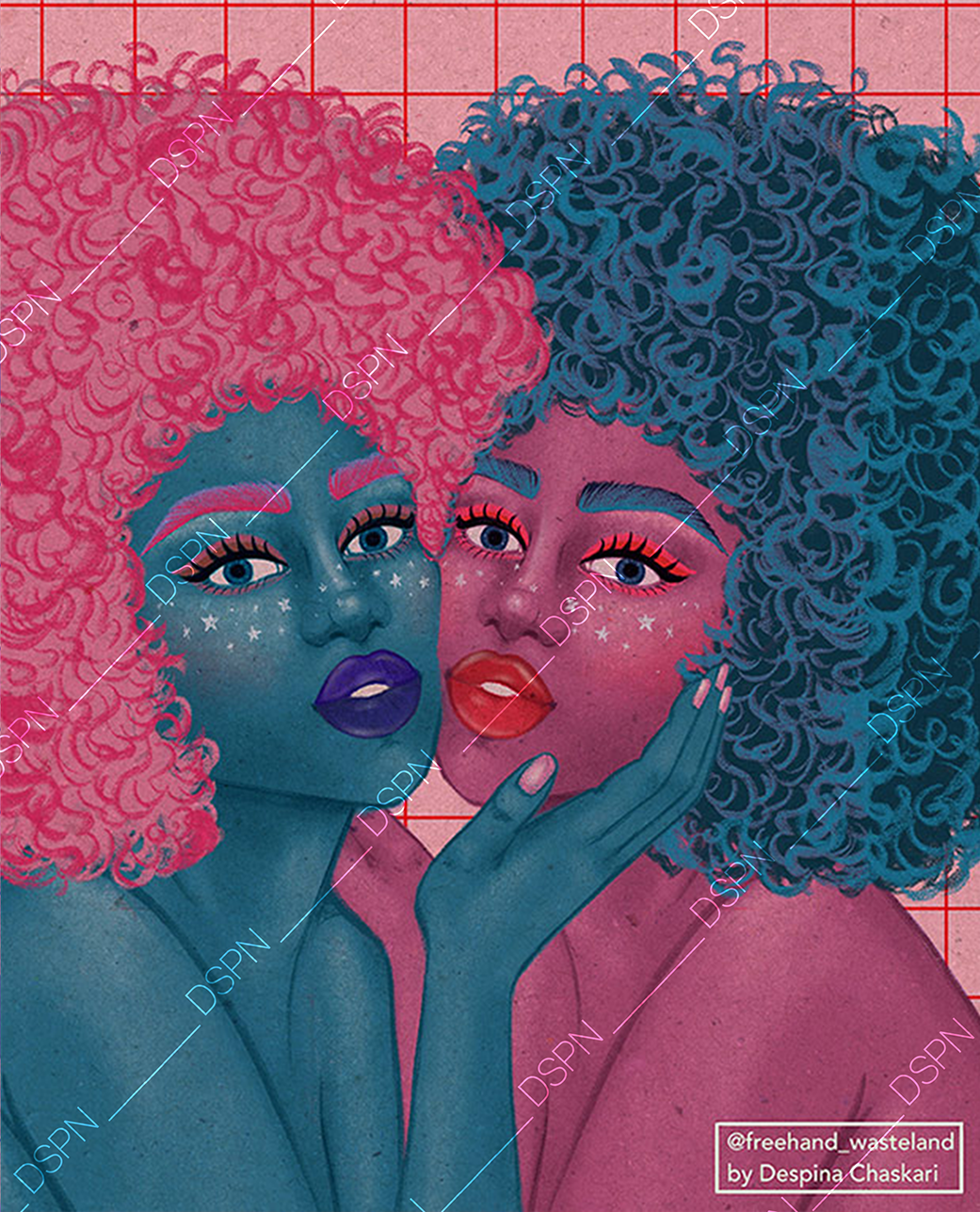 Digital artwork of two women with colorful curly hair, one with pink hair and blue skin, the other with blue hair and pink skin, touching faces and looking at the viewer. Both have exaggerated makeup and expressive eyes, with a grid background.