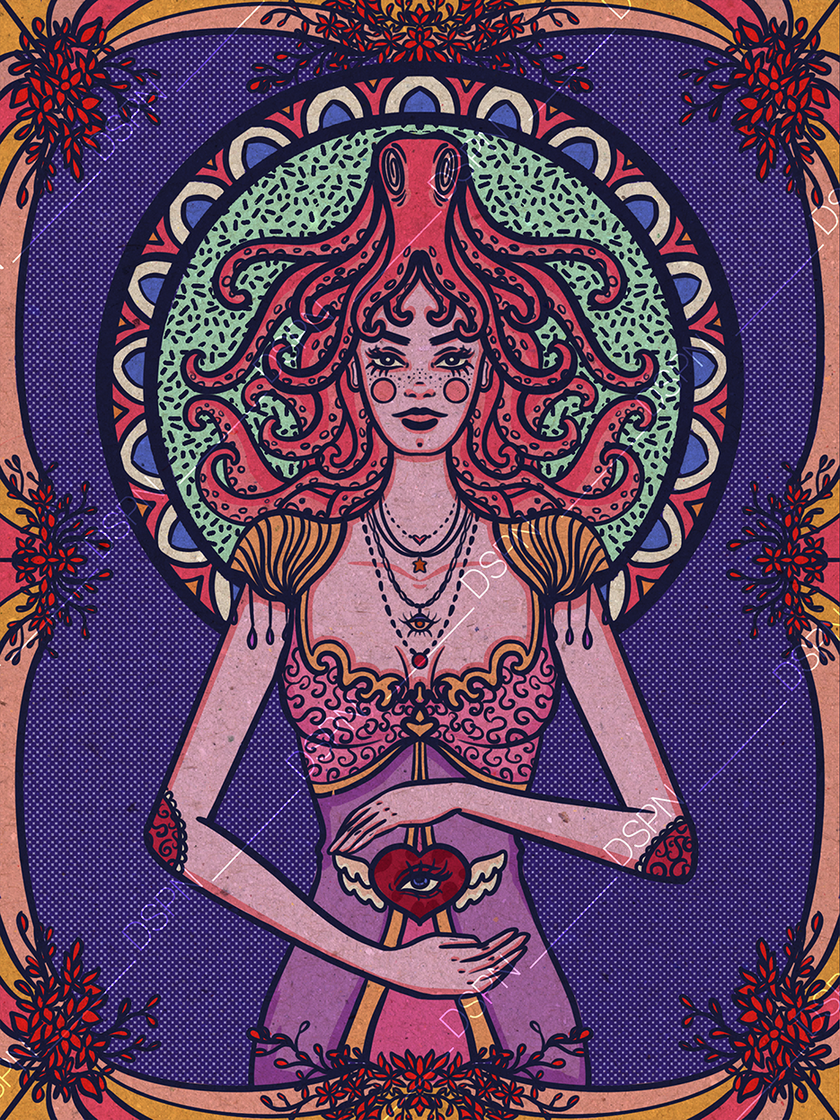 Stylized illustration of a woman with tentacle-like hair, surrounded by intricate patterns and floral designs, holding her abdomen with a heart and eye symbol, in a mystical style with bold colors.